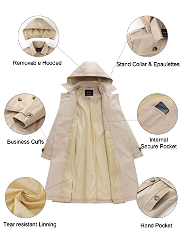 Women's Long Trench Coat Double-Breasted Classic Lapel Overcoat Belted Slim Outerwear Coat with Detachable Hood