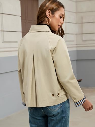 Womens Cropped Trench Coat Single Breasted Classic Lapel Overcoat Plaid Lined Oversized Outerwear