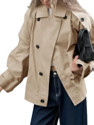 Womens Trench Coat Single Breasted Lapel Casual Oversized Coats Short Jacket Fall Outerwear