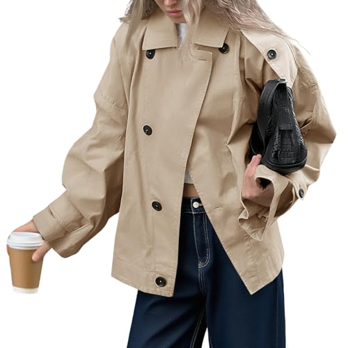 Womens Trench Coat Single Breasted Lapel Casual Oversized Coats Short Jacket Fall Outerwear