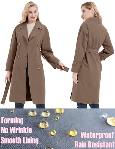 Women Trench Coats Loose Fit, Double Breasted Spring Fall Water Resistant Thin Long Jacket Belted Overcoat