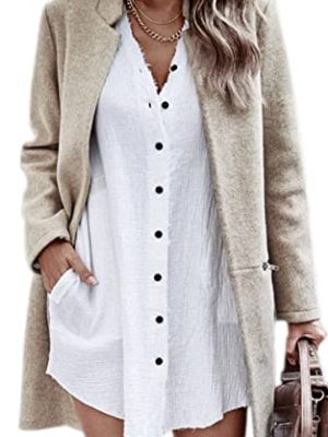 Women’s Coat, Long Sleeve Stand Collar Cardigan Mid-Long Open Front Outwear Overcoat with Zipper Pockets