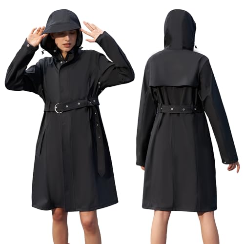 Women's Single Breasted Long Trench Coat Windproof Raincoat Outerwear Lightweight Windbreaker with Blet & Hood