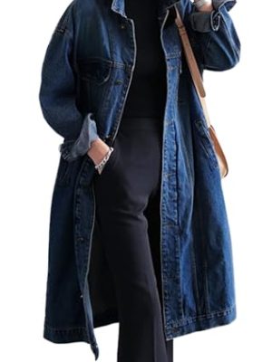 Womens Classic Jean Jacket Plus Size Loose Long Sleeve Button Down Denim Trench Coat