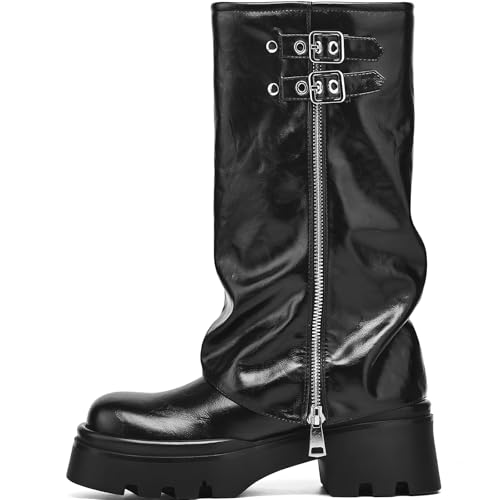 Women's Knee High Riding Boots Chunky Platform Low Heel Round Toe Moto Boots Slouchy Fold Over Wide Calf Motorcycle Biker Boots