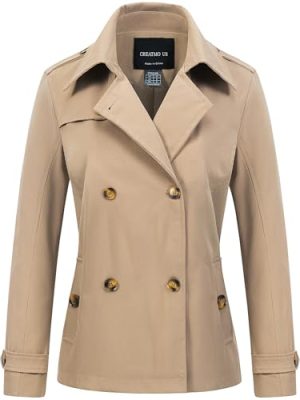 Women's Cropped Trench Coat Classic Double Breasted Lapel Jacket Water Repellent Outerwear