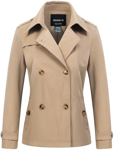 Women's Cropped Trench Coat Classic Double Breasted Lapel Jacket Water Repellent Outerwear