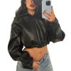 Leather Jacket Women Zip up Hoodies Motorcycle Bomber Jacket Streetwear Cropped Trench Coat for Women
