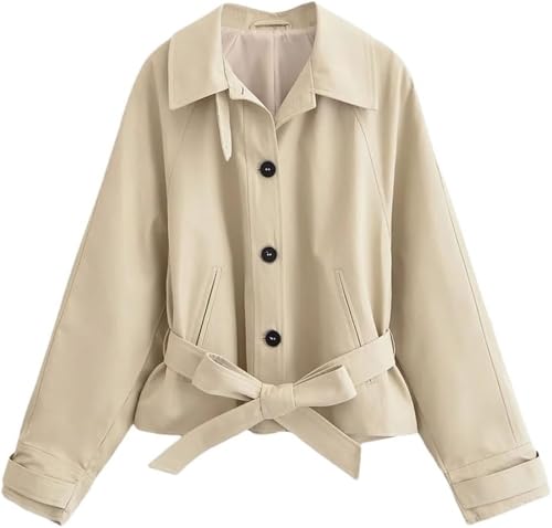 Women's Short Trench Coat Casual Long Sleeve Lapel Belted Jacket Single Breasted Solid Color Outerwear