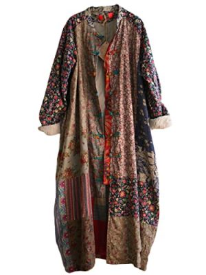Women's Trench Coat Long Cotton Linen Floral Print Jacket Cottagecore Clothing Patchwork Outwear Each Piece Unique