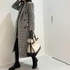 Women's Houndstooth Wool Trench Coat Notch Lapel Maxi Long Overcoat Double Breasted Peacoat