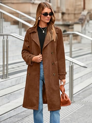 Womens Long Trench Coat Fall Winter Double Breasted Classic Lapel Slim Work Office Suede Overcoat with Belt