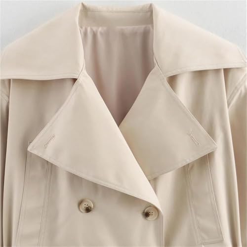 Women's Lightweight Short Jacket Double-Breasted Lapel Long Sleeve Trench Coat Lace Up Trendy Outerwear