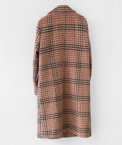 Women's Plaid Trench Coat Double Breasted Long Peacoat Winter Camel Peak Lapel Loose Woolen Jacket Outerwear