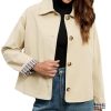 Womens Cropped Trench Coat Single Breasted Classic Lapel Overcoat Plaid Lined Oversized Outerwear