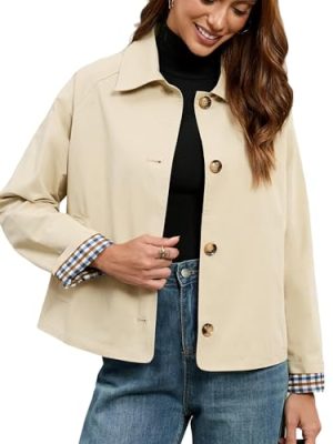 Womens Cropped Trench Coat Single Breasted Classic Lapel Overcoat Plaid Lined Oversized Outerwear