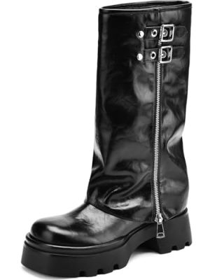Women's Knee High Riding Boots Chunky Platform Low Heel Round Toe Moto Boots Slouchy Fold Over Wide Calf Motorcycle Biker Boots