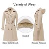 Women's Long Trench Coat Double-Breasted Classic Lapel Overcoat Belted Slim Outerwear Coat with Detachable Hood