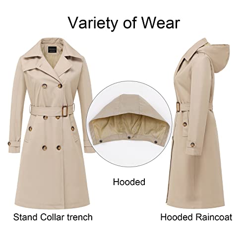 Women's Long Trench Coat Double-Breasted Classic Lapel Overcoat Belted Slim Outerwear Coat with Detachable Hood