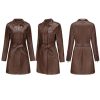 Women's Mid Length Faux PU Leather Trench Coat Long Sleeve Zip Up Lapel Long Jacket Overcoat with Belt
