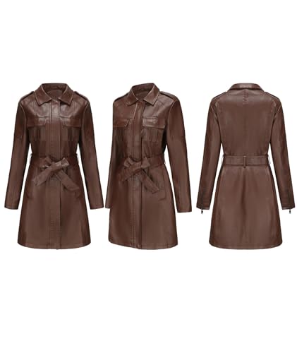 Women's Mid Length Faux PU Leather Trench Coat Long Sleeve Zip Up Lapel Long Jacket Overcoat with Belt
