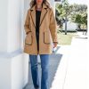 Pea Coats for Women Trendy Embroidered Contrast Trim Long Peacoat Jackets Lapel Button Winter Coat with Pockets