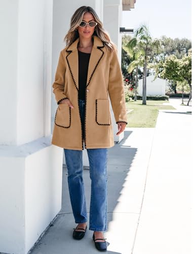 Pea Coats for Women Trendy Embroidered Contrast Trim Long Peacoat Jackets Lapel Button Winter Coat with Pockets