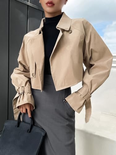 Women's Cropped Trench Coat Long Sleeve Casual Jacket Classic Double-Breasted Lapel Overcoat Fashion Outerwear