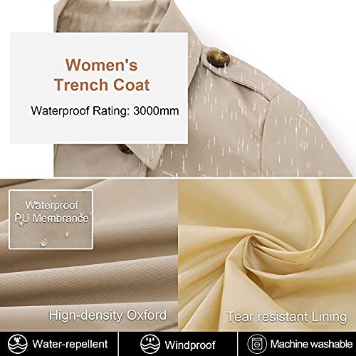 Women's Long Trench Coat Double-Breasted Classic Lapel Overcoat Belted Slim Outerwear Coat with Detachable Hood