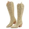 Sparkly Cowgirl Boots for Women Side Zipper Tall Wide Calf Western Knee High Cowboy Boots Chunky Heels Glitter Sequin Party