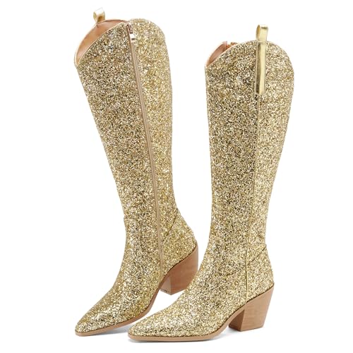 Sparkly Cowgirl Boots for Women Side Zipper Tall Wide Calf Western Knee High Cowboy Boots Chunky Heels Glitter Sequin Party