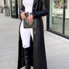 Womens Long Leather Jacket Long Sleeve Single Breasted Faux Leather Trench Coat Mid Length Motorcycle Coats