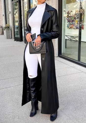 Womens Long Leather Jacket Long Sleeve Single Breasted Faux Leather Trench Coat Mid Length Motorcycle Coats