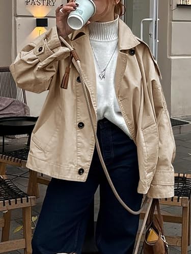 Womens Trench Coat Single Breasted Lapel Casual Oversized Coats Short Jacket Fall Outerwear