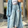 Women's Oversized Ripped Denim Long Cardigan Distressed Hollow Open Front Kimono Robe Duster Jean Jacket Coat