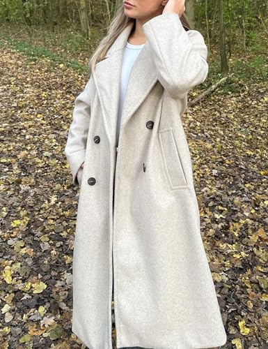 Women's Notched Collar Wool Blend Pea Coat Winter Double Breasted Trench Coat Long Oversized Button Down Overcoats