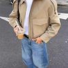 Women's Cropped Trench Coat Casual Zip Up Jacket Work Jackets with Pockets Outerwear