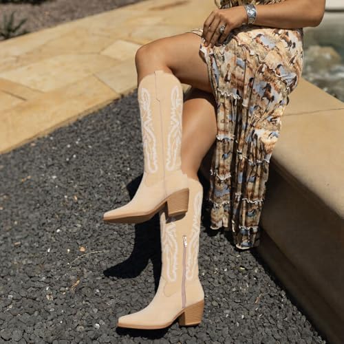 Knee High Boots Women Cowgirl Cowboy Western Fall Chunky Block High Heel Tall Long Fashion Boot Side Zipper