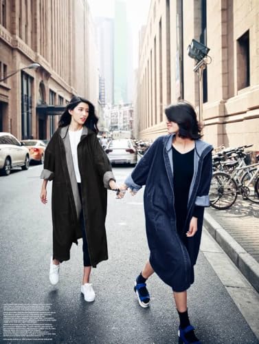 Women's Casual Hooded Denim Jacket Open Front Loose Fit Boyfriend Jean Long Trench Coat with Hood