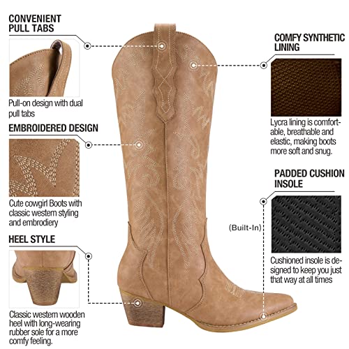 Cowboy Boots for Women Cowgirl Boots Embroidered Knee-High Western Boots Pointy Toe with Chunky Heel