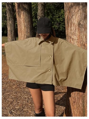 Women's Button Down Jacket Collared Long Sleeve Cloak Poncho Cape Trench Coat
