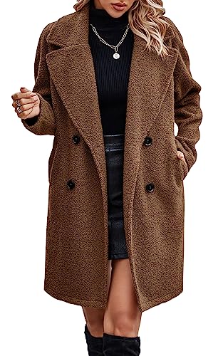 Women Long Sherpa Coat - Fuzzy Faux Fur Trench Jackets Winter Fleece Button Cardigan with Pockets
