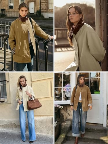 Womens Trench Coat Oversized Fall Barn Jacket Leather Collar Plaid Color Block Windproof Overcoat