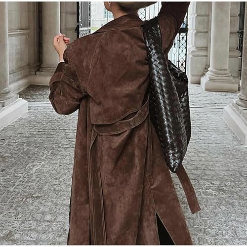 Womens Faux Suede Long Trench Coat Notched Lapel Double Breasted Pea Coat Overcoat with Belt