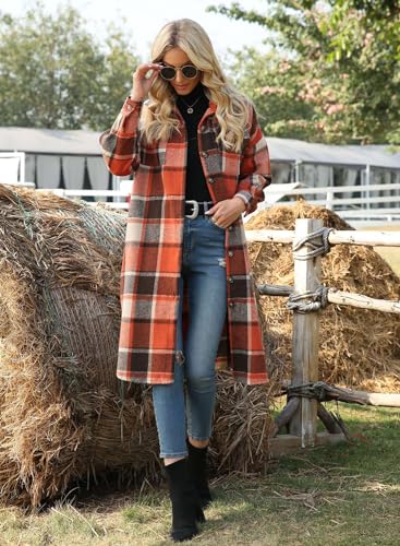 Women's Lounge Lapel Button Up Long Sleeve Plaid Long Shirt Jacket Shacket