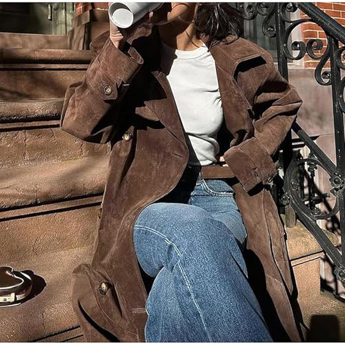 Womens Faux Suede Long Trench Coat Notched Lapel Double Breasted Pea Coat Overcoat with Belt