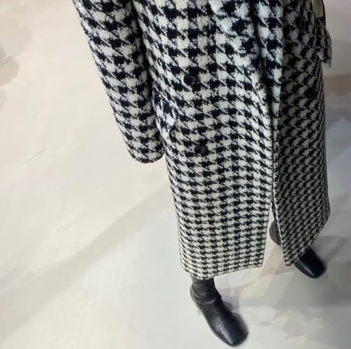 Women's Houndstooth Wool Trench Coat Notch Lapel Maxi Long Overcoat Double Breasted Peacoat