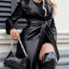 Leather Jacket Women Trench Coat Long Loose Button Jacket Open Front Motorcycle Coat with Belt