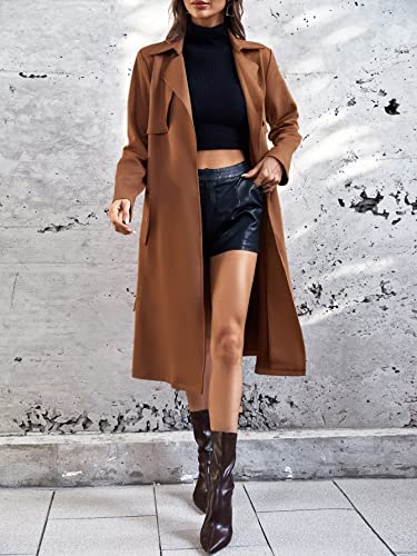 Women’s Long Sleeve Jackets Short Coats Lapel Neck Belted Slant Pocket Coat