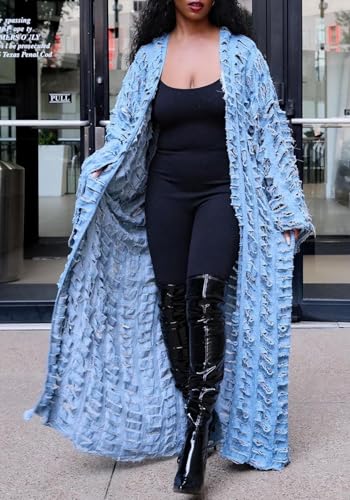 Women's Oversized Ripped Denim Long Cardigan Distressed Hollow Open Front Kimono Robe Duster Jean Jacket Coat